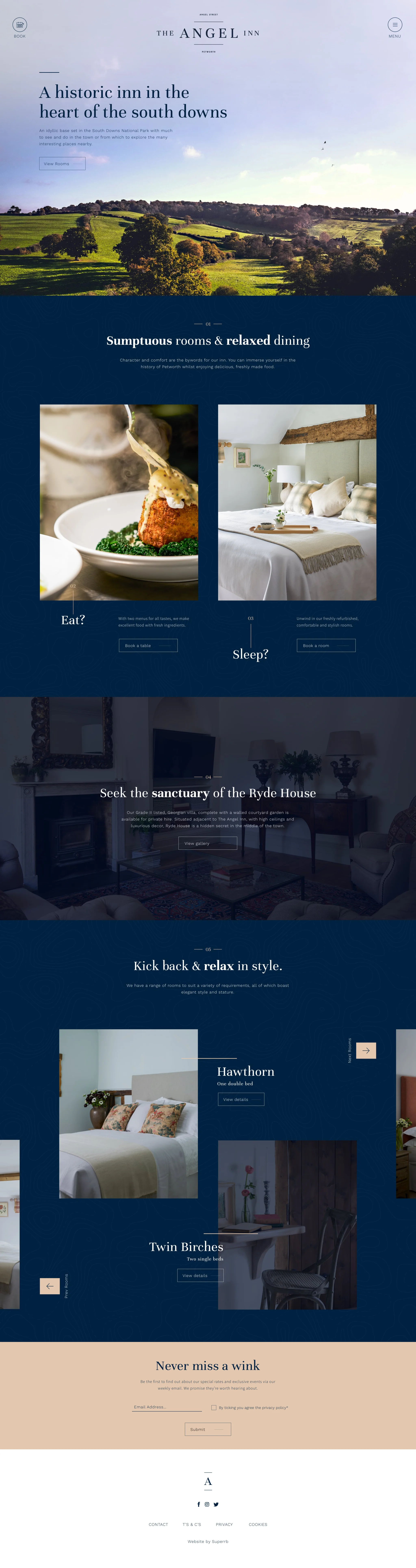 The Angel Inn website homepage design as seen on desktop