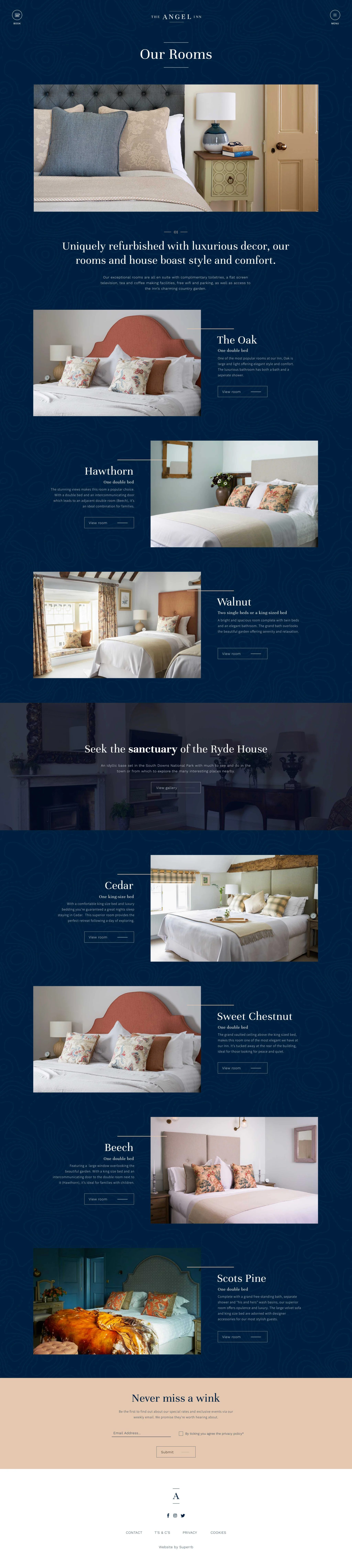 The Angel Inn hotel website room index page designed by Superrb