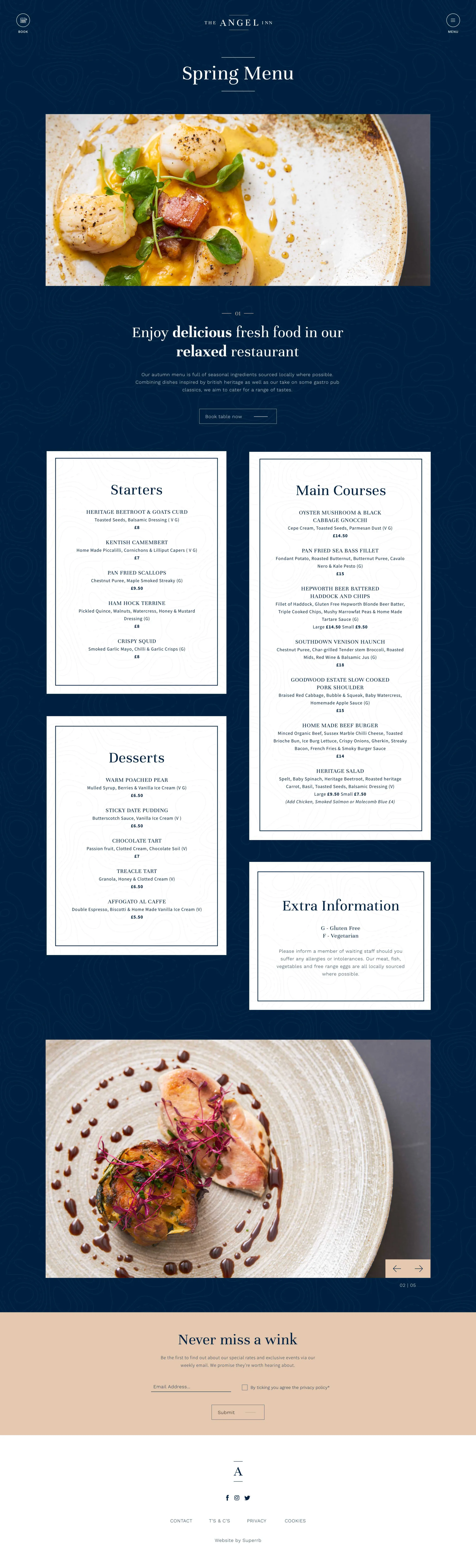 The Angel Inn website restaurant menu designed by Superrb